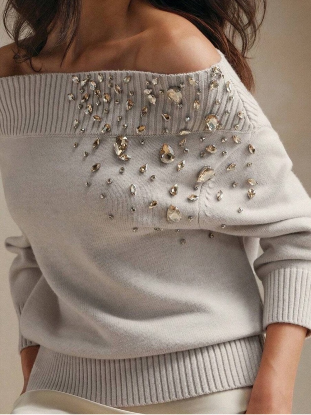 Classic Rhinestone Off Shoulder 3/4 Sleeve Sweater Top